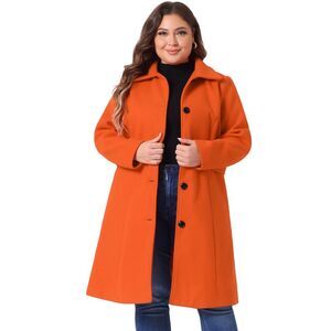 Plus Size Single Breasted Belted Winter Long Coat Orange